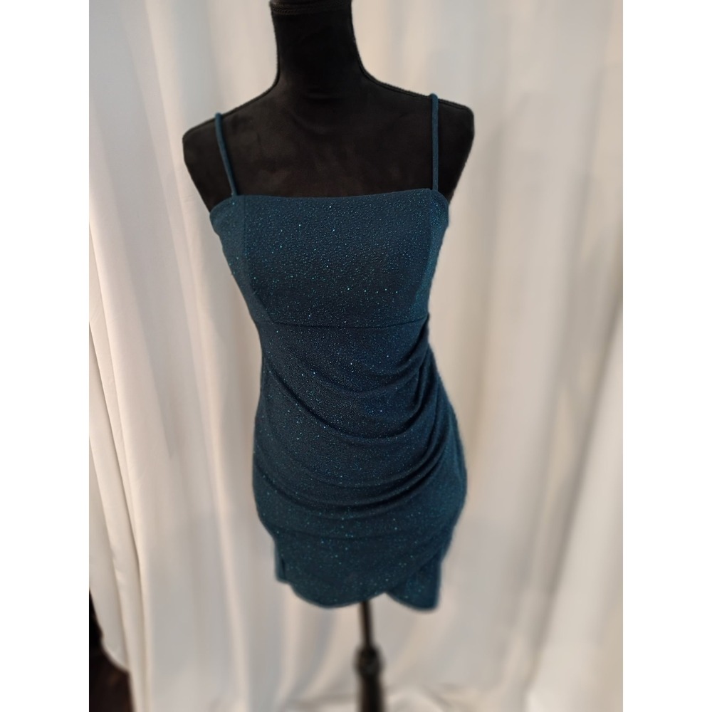 Windsor Teal Glitter Knit Ruched Bodycon Dress Square Neck Spaghetti Strap Mini